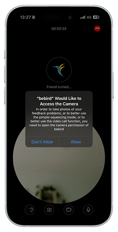 A smartphone screen showing a camera access request from the app 'bebird'.