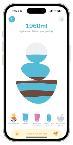 Hydration tracker on a smartphone showing 1960ml, 78% of goal, with water intake options below.