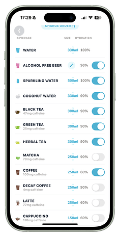 A mobile app screen displaying various beverage options for hydration during a heatwave.
