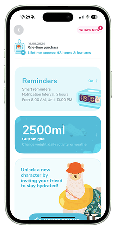 Mobile app screen showing hydration reminders and a goal of 2500ml with a character invitation feature.