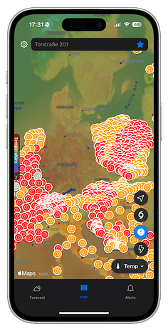 Map displaying temperature alerts across Europe with varying colors indicating heatwave severity.
