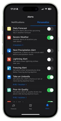Screenshot of weather alerts settings on a smartphone, highlighting options for severe weather and air quality.