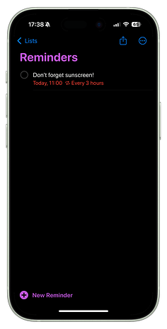 Reminder app displaying a message: 'Don't forget sunscreen!' set for every 3 hours.