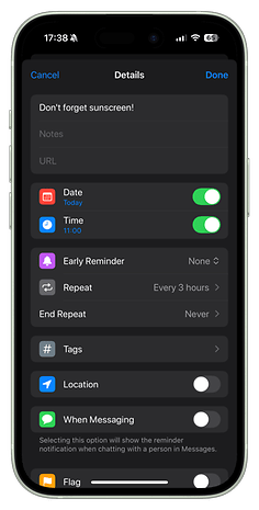 Reminder details on a phone screen: 'Don't forget sunscreen!', date and time settings.