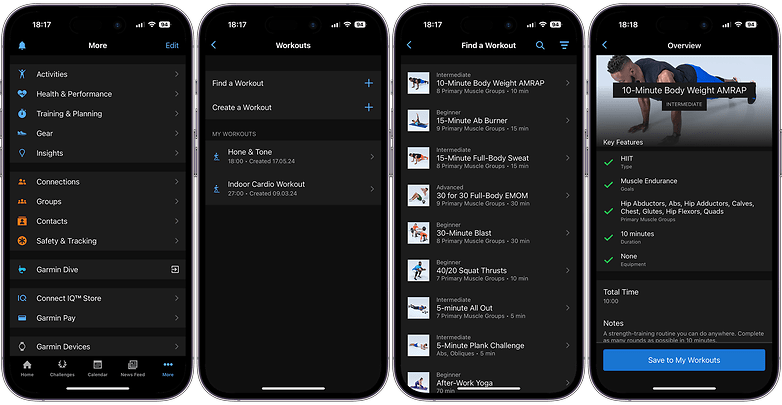 Screenshots of the Garmin Activities in the Connect App