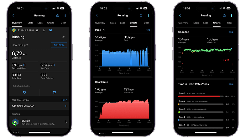 Screenshots of the Garmin Running Tracking in the Connect App