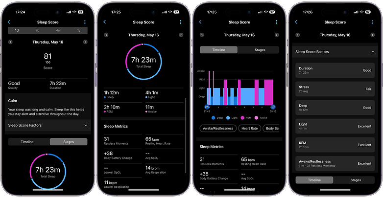 Screenshots of the Garmin Sleep Tracking in the Connect App