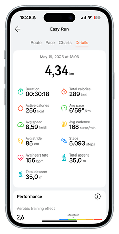 Huawei Watch Fit 4 Pro showing an Easy Run summary with distance, duration, and performance metrics.