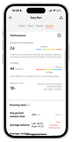 Performance details from the Huawei Watch Fit 4 Pro for an Easy Run workout.