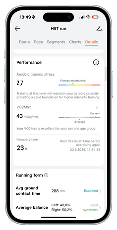 Huawei Watch Fit 4 Pro displaying HIIT run performance metrics.