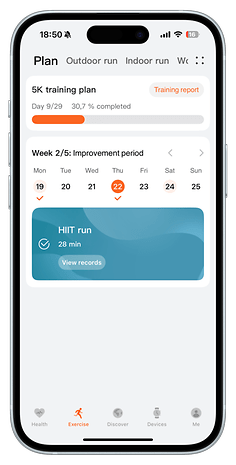Huawei Watch Fit 4 Pro interface displaying a 5K training plan progress.