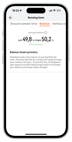 Huawei Watch Fit 4 Pro display showing running balance metrics with left 49.8% and right 50.2%.