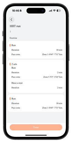 Huawei Watch Fit 4 Pro HIIT run screen showing exercise duration and pace zones.