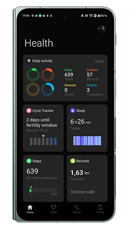 Health dashboard of OnePlus Watch 3 showing steps, calories, and sleep data.