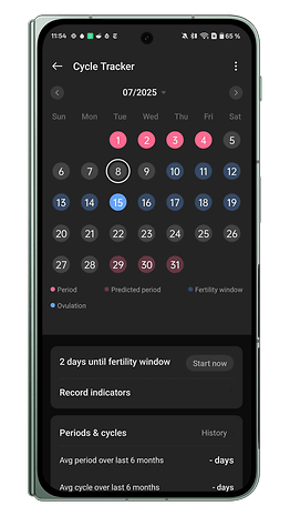 Cycle Tracker app interface showing a calendar for July 2025 with period and ovulation indicators.
