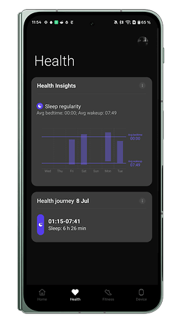 OnePlus Watch 3 Health app showing sleep insights and journey for 8 Jul, with average bedtime and wakeup.