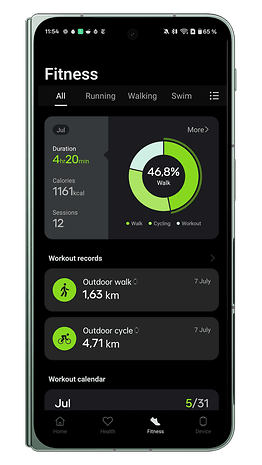 Fitness app interface showing workout duration and statistics on a smartphone screen.
