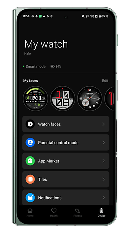 OnePlus Watch 3 interface showing options like watch faces, parental control, and app market.