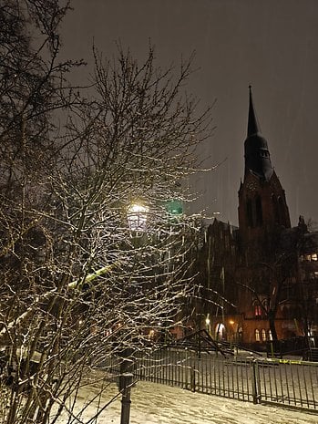 Snowy night scene with bare trees and a church tower in the background.