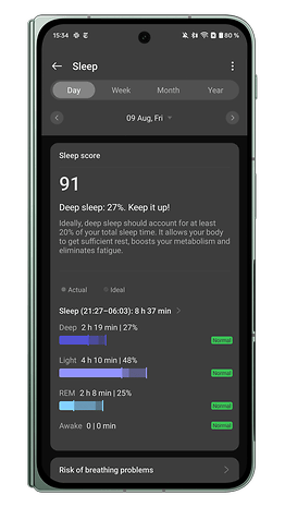 Screenshots of the OnePlus Watch 2R companion app user interface: Sleep metrics