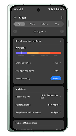 Screenshots of the OnePlus Watch 2R companion app user interface: Sleep metrics