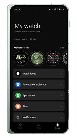 Screenshots of the OnePlus Watch 2R companion app user interface: third screen