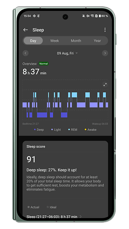 Screenshots of the OnePlus Watch 2R companion app user interface: Sleep metrics