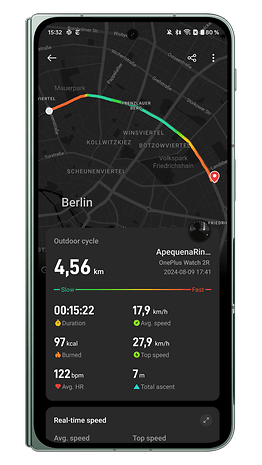 Screenshots of the OnePlus Watch 2R companion app user interface: outdoor cycling