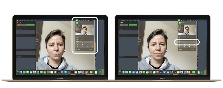 Screenshots showing the steps to disable the reactions feature on FaceTime on macOS