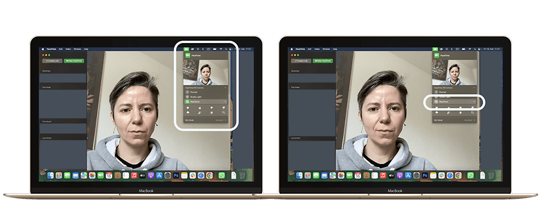 Képernyőképek, amelyek bemutatják a reakciók funkció letiltásának lépéseit a FaceTime-ban a macOS rendszeren