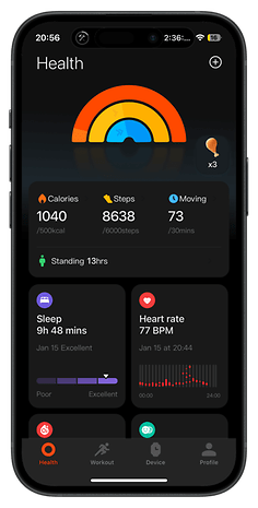 Écran de santé de la Redmi Watch 5 affichant les calories, les pas, le rythme cardiaque et les données de sommeil.