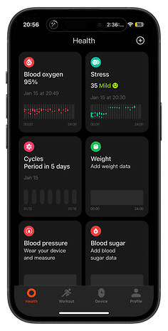 Tableau de bord de santé de la Redmi Watch 5 affichant les données sur l'oxygène sanguin, le stress, les cycles, le poids.