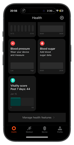 Écran de santé de la Redmi Watch 5 affichant des options pour la pression artérielle, le sucre dans le sang et le score de vitalité.