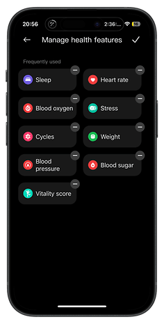 Interface de la Redmi Watch 5 affichant des fonctionnalités de santé : Sommeil, Fréquence cardiaque, Oxygène sanguin, Stress, Poids, Pression artérielle, Vitalité.