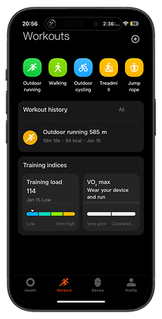 Interface de la Redmi Watch 5 montrant les options d'entraînement et les indices d'entraînement.