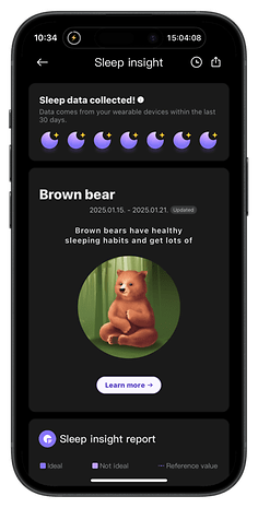 Interface utilisateur de la Redmi Watch 5 affichant des informations sur le sommeil et un ours brun en dessin animé.