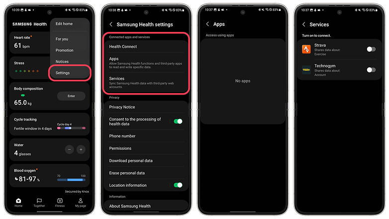 Samsung Galaxy Health app privacy settings