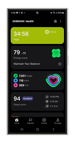 Samsung Health app screenshot showing energy score metrics, including heart rate variability, skin temperature, and respiratory rate.