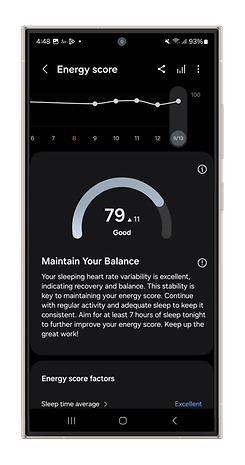 Samsung Health app screenshot showing energy score of 79, with tips on maintaining balance and sleep recommendations.