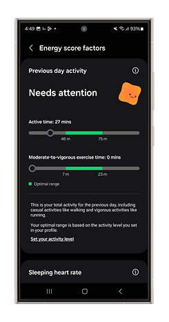 Samsung Health app screenshot displaying energy score factors, previous day activity, and activity levels.