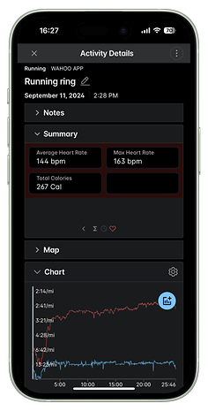 Wahoo app activity details showing heart rate and calories for a running session.