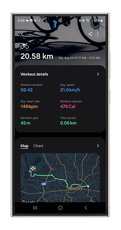 Screenshots of the Galaxy Watch Ultra's Cycling mode.