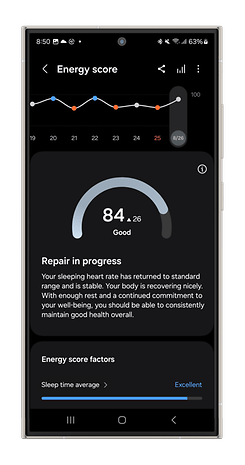 Captures d'écran des mesures du score énergétique de la Galaxy Watch Ultra