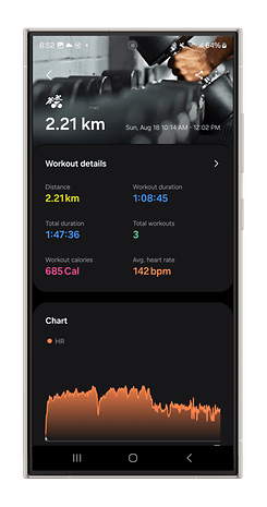 Screenshots of the Galaxy Watch Ultra's Multisport metrics.