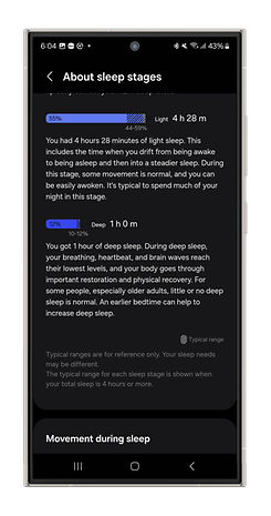 Screenshots of the Galaxy Watch Ultra's sleep tracking measurements.