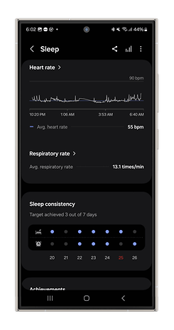 Capturas de tela das medições de rastreamento do sono do Galaxy Watch Ultra