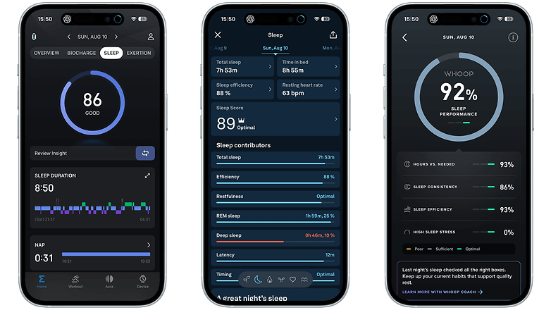 Sleep score comparison on three mobile screens showing various metrics and insights.