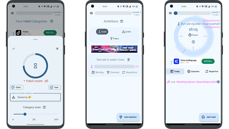 Screenshots of the 24 hours - Habit Tracker app UI