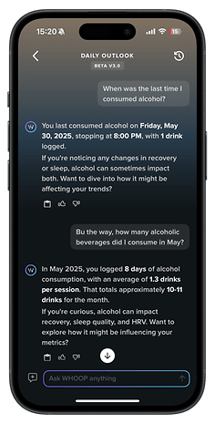 A smartphone displaying a daily outlook app showing alcohol consumption details.