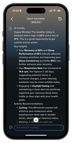 Daily health outlook on a smartphone showing weather, recovery metrics, and activity recommendations.
